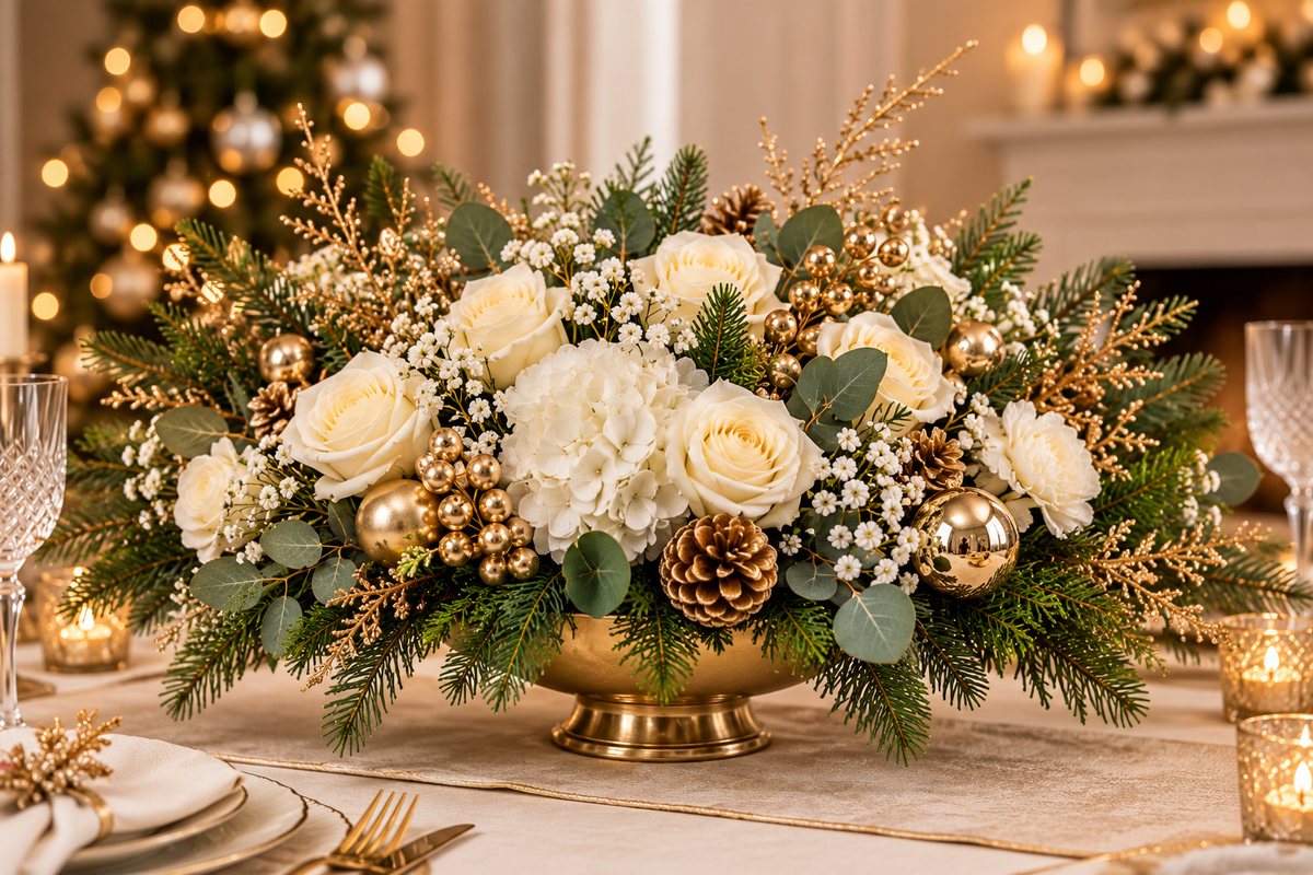 Centre de table de Noël – Blanc & Or