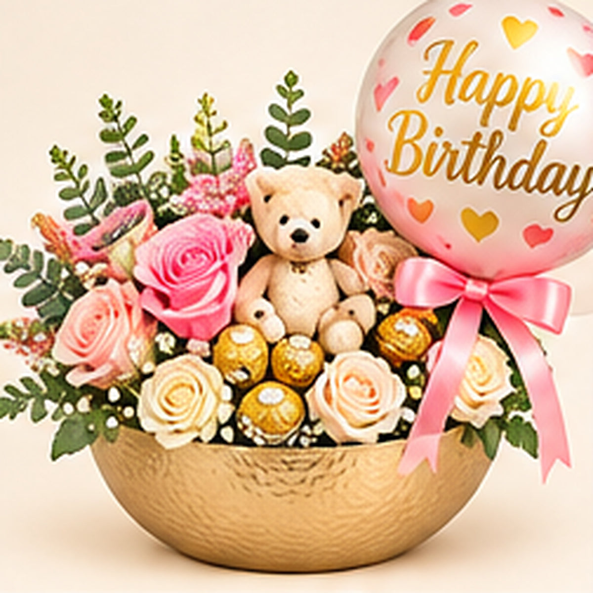 Coffret anniversaire de roses roses et chocolats Ferrero