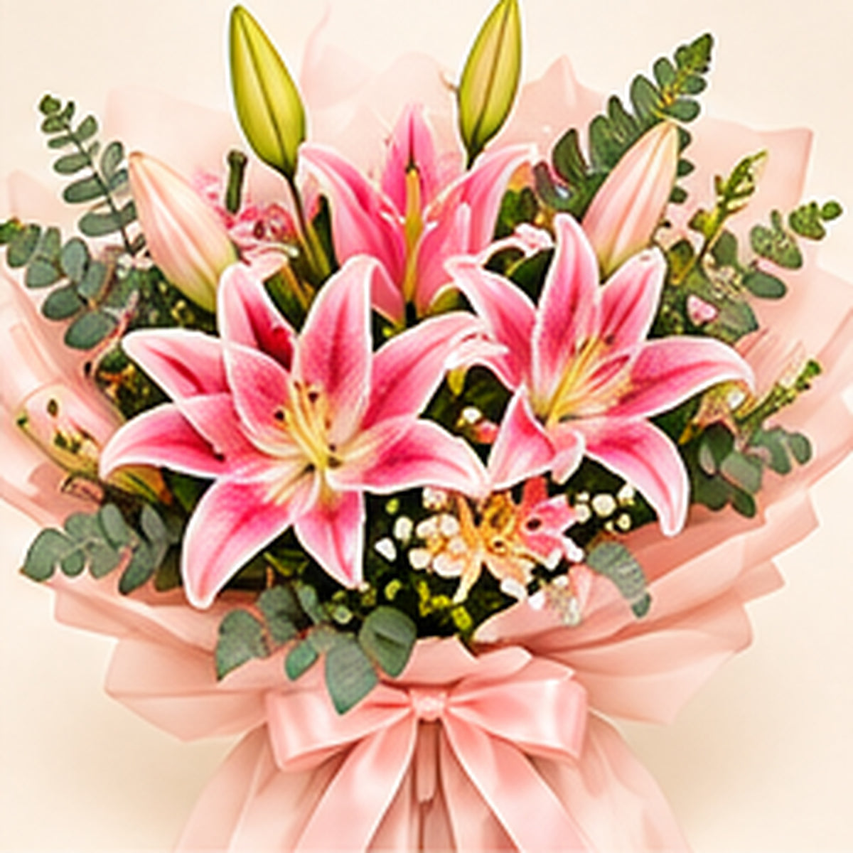 Bouquet de lys roses et roses pastel