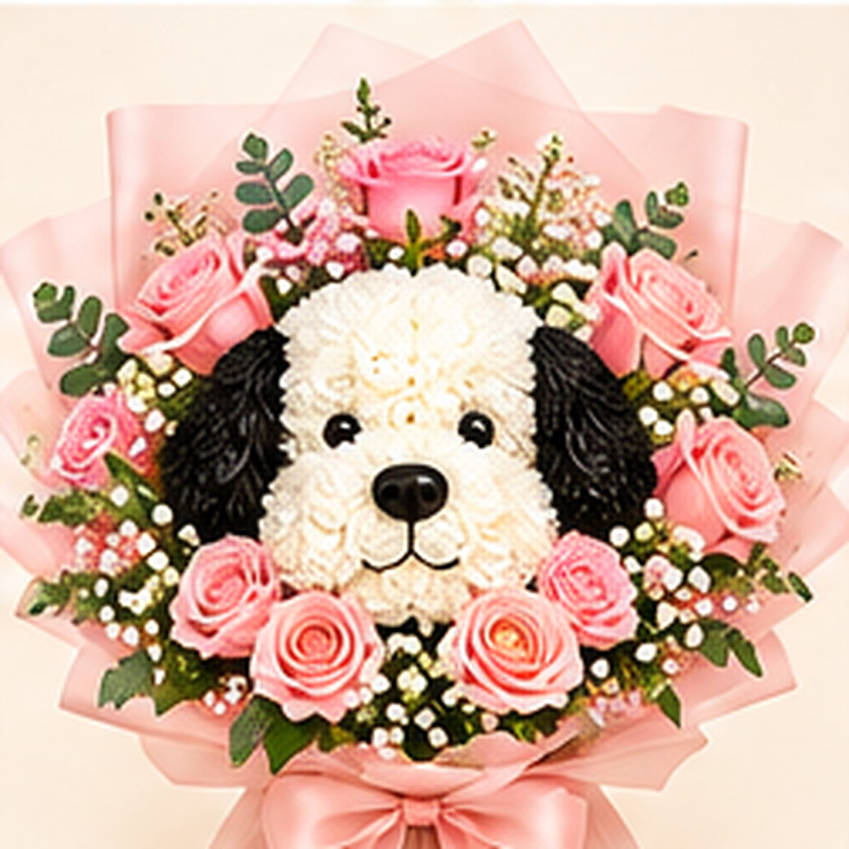Bouquet floral Chien rose et blanc