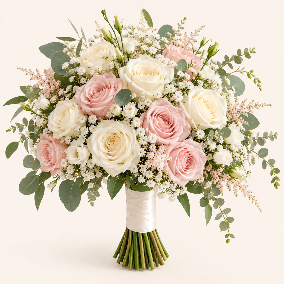 Bouquet de mariée romantique – roses ivoire et rose poudré