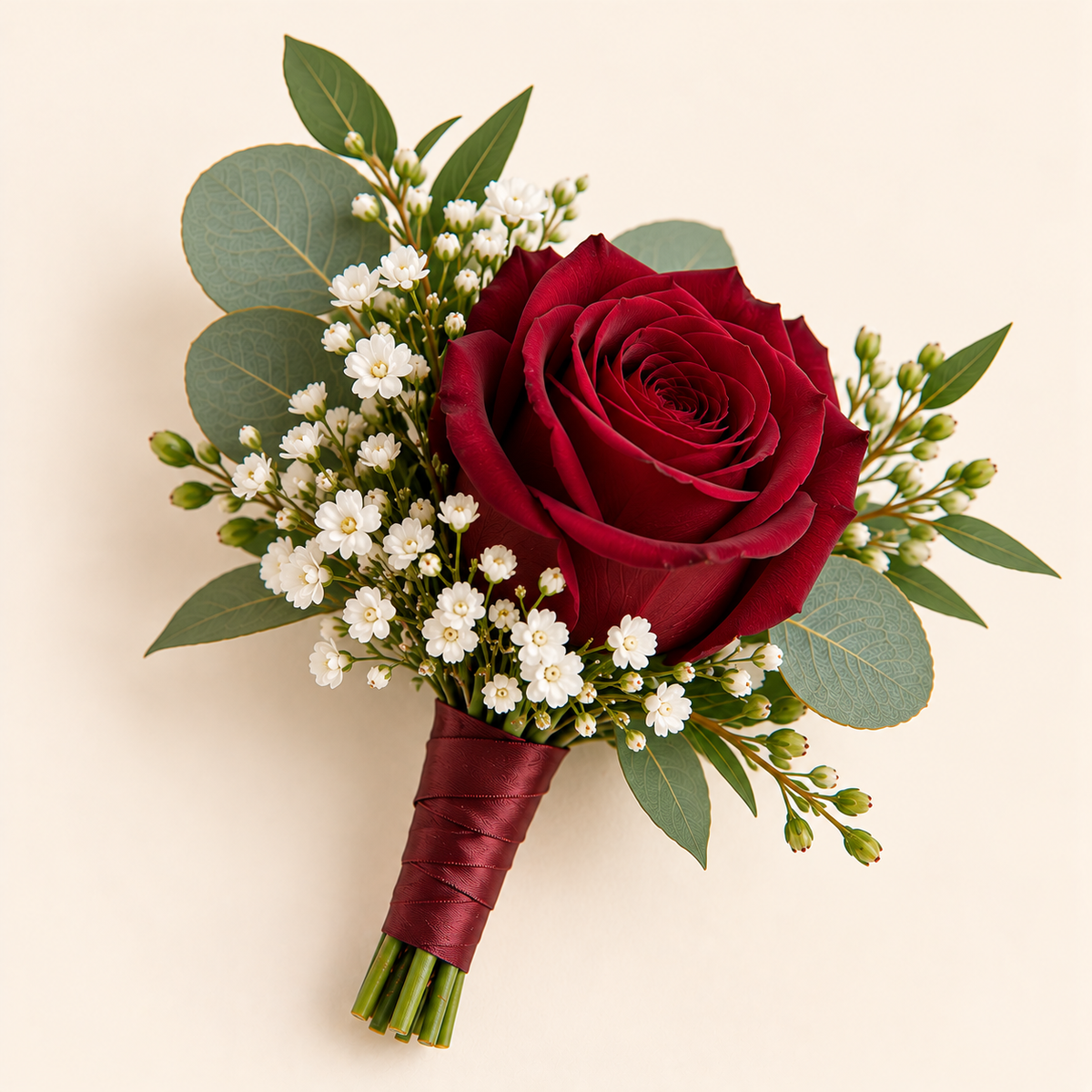 Boutonnière de mariage – rose bordeaux et eucalyptus