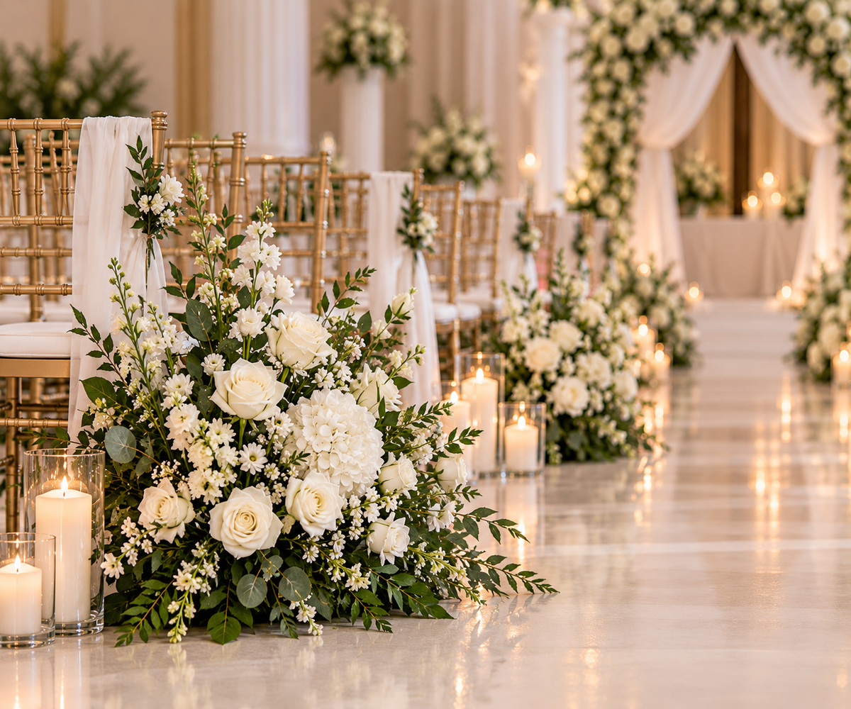 Arrangement floral d’allée de cérémonie – fleurs blanches et verdure