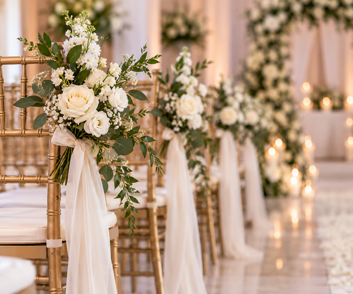 Décoration florale de chaise de cérémonie – fleurs blanches