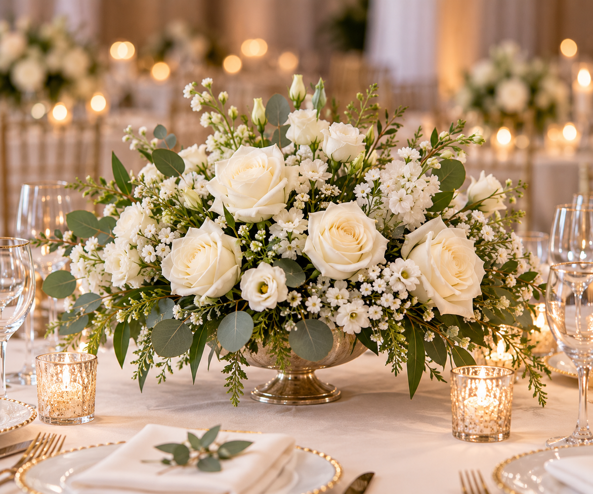 Centre de table mariage – roses blanches et eucalyptus