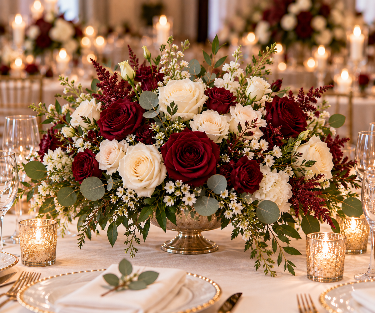 Centre de table mariage – roses bordeaux et ivoire