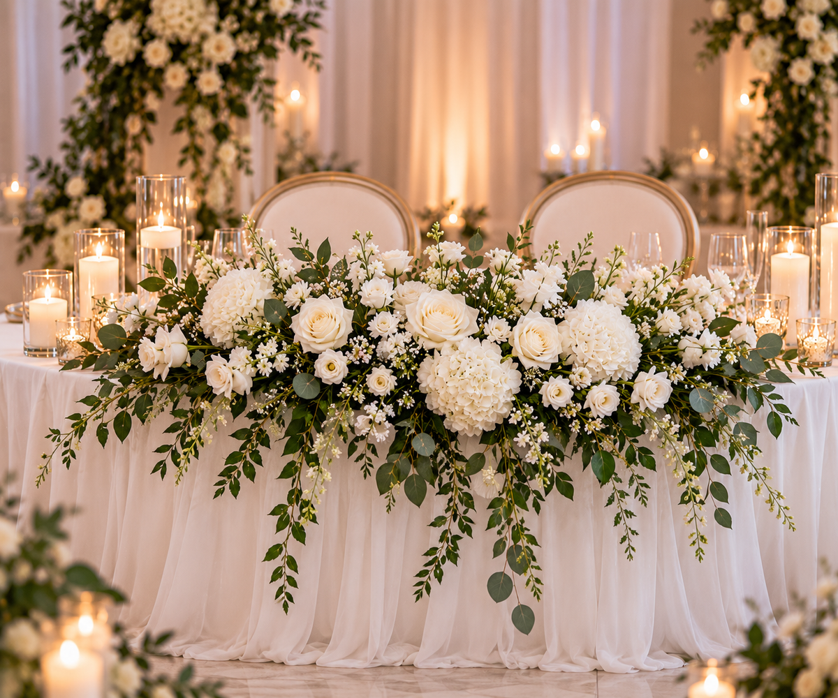 Arrangement floral pour table des mariés – fleurs blanches et verdure