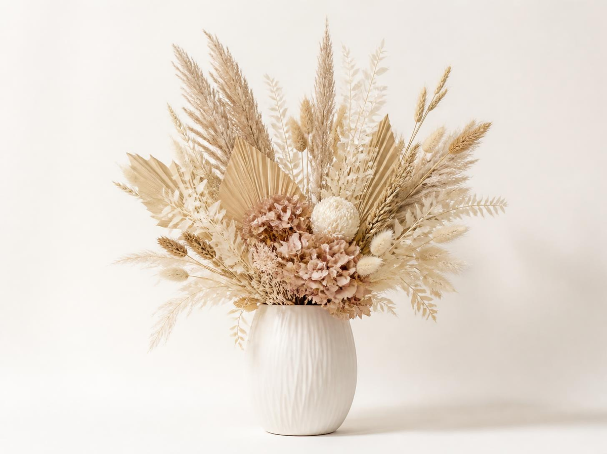 Arrangement de fleurs séchées aux tons naturels