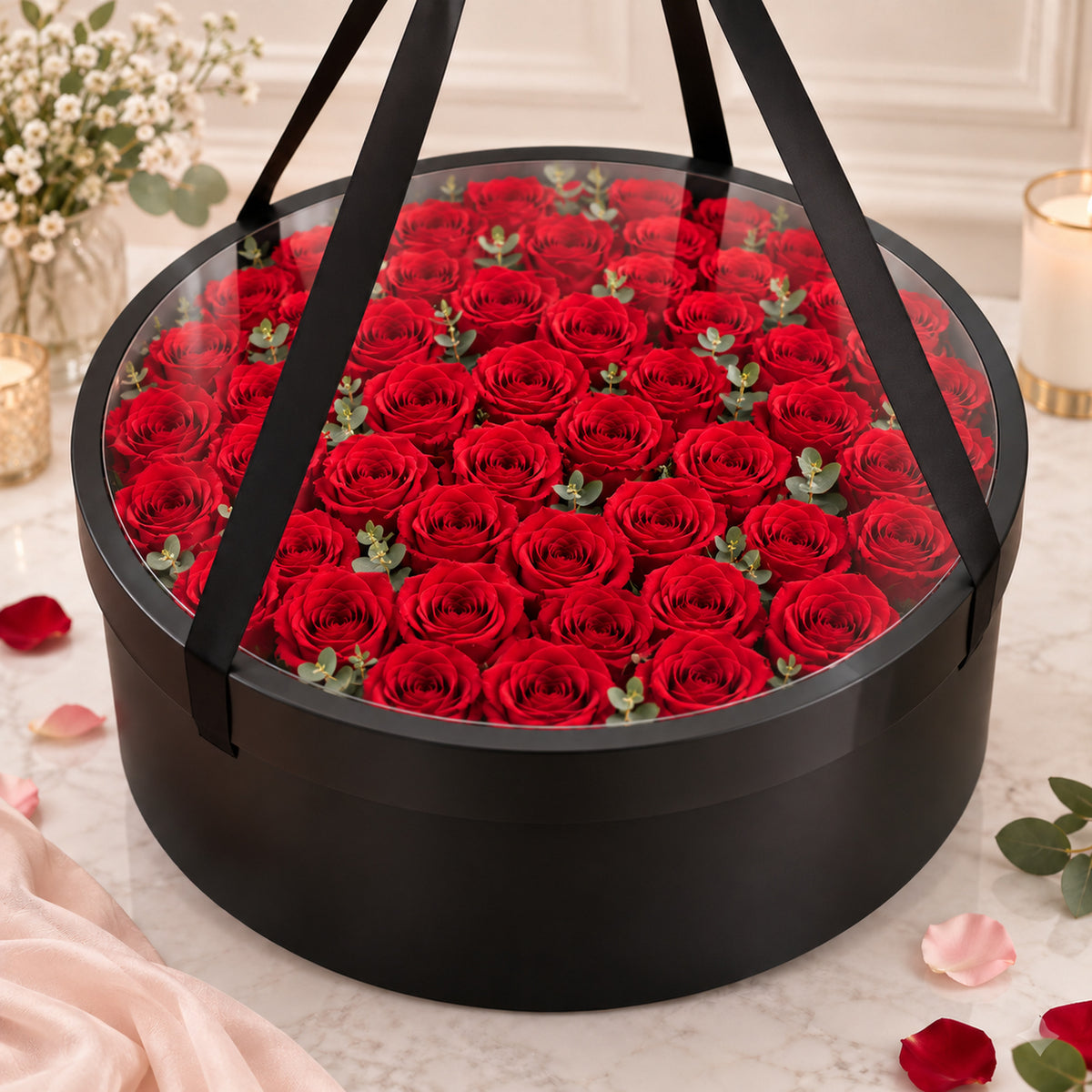 Boîte florale prestige avec environ 60 roses rouges sous un couvercle transparent