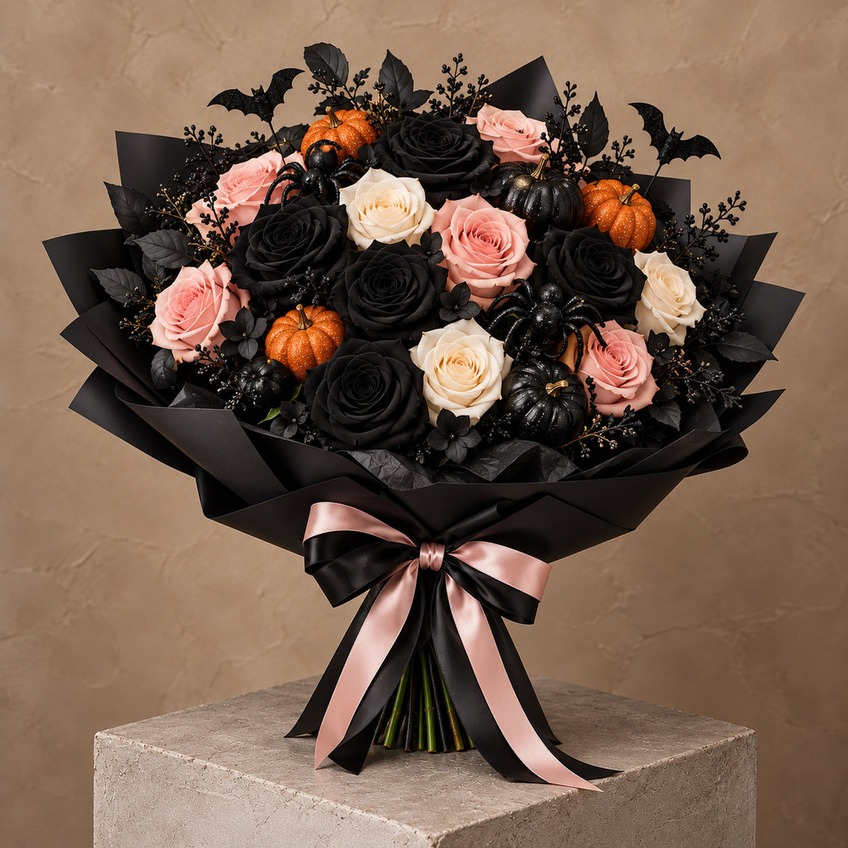 Bouquet Halloween en roses noires, roses roses et ivoire, mini citrouilles et araignées décoratives