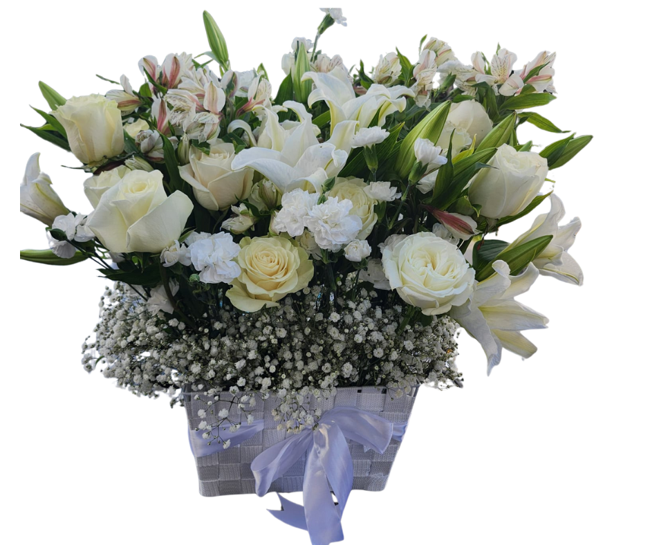 Arrangement funéraire blanc avec lys et roses