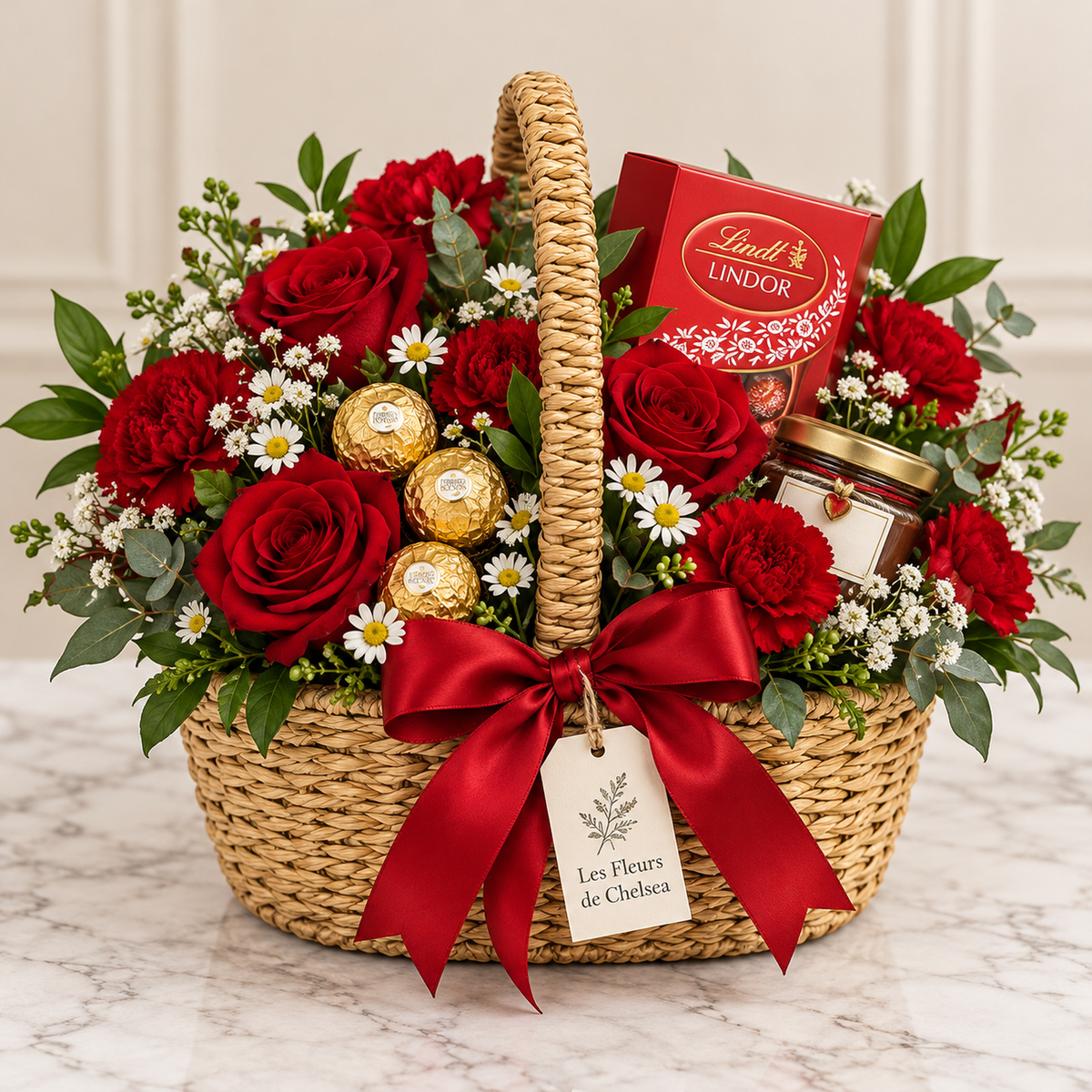 Panier fleuri gourmand ovale Amour Rouge avec roses rouges, fleurs et chocolats