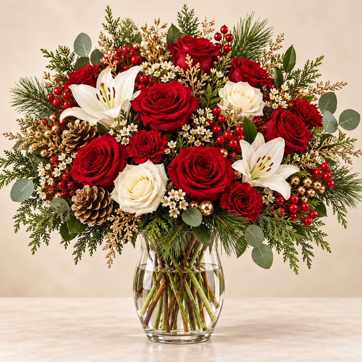 Arrangement floral de Noël en vase – Élégance des Fêtes
