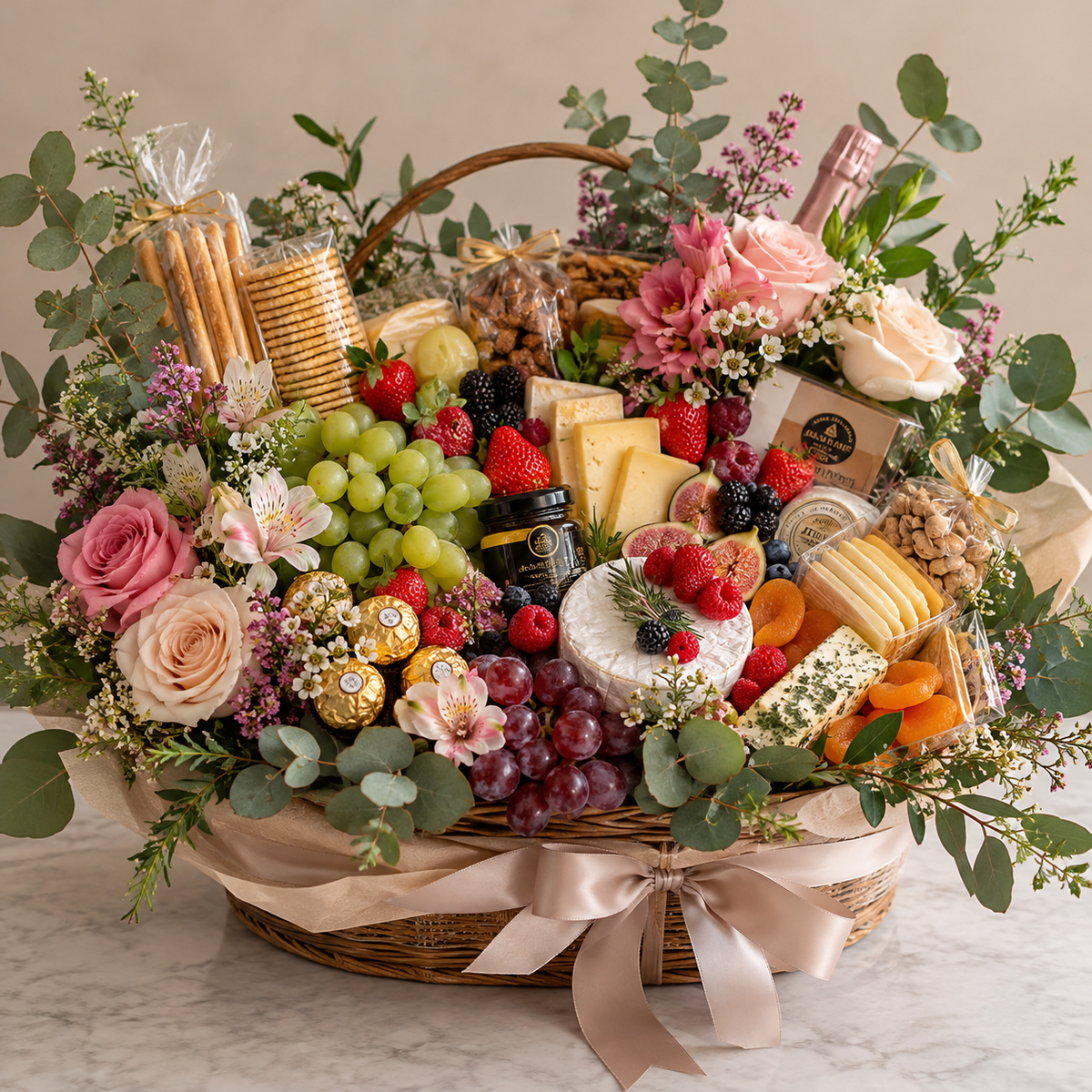 Panier gourmand fleuri – Fruits & fromages