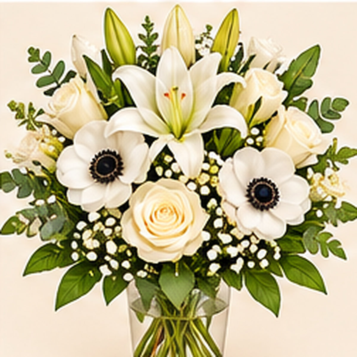Vase florale de sympathie blanc et ivoire – Hommage élégant