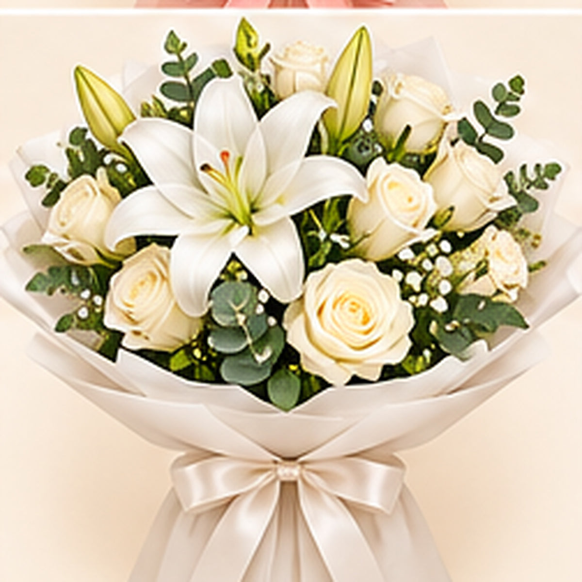 Bouquet de lys roses et roses multicolores