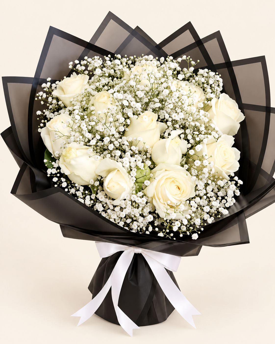 Bouquet Élégance Ivoire – Roses blanches et gypsophile
