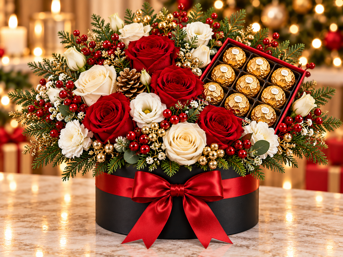 Boîte florale de Noël – Roses & Ferrero Rocher