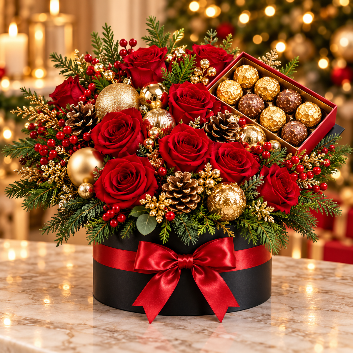 Boîte florale de Noël de luxe avec chocolats