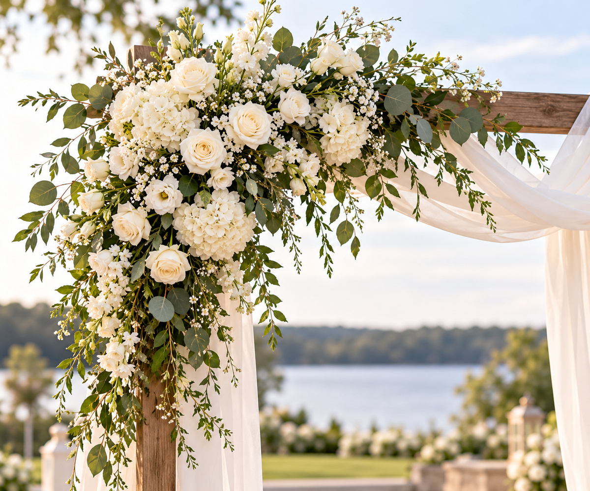 Arrangement floral pour arche de mariage – fleurs blanches et verdure