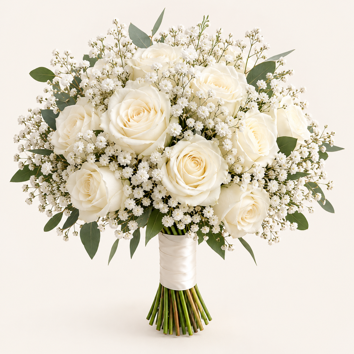 Bouquet de mariée classique – roses blanches et gypsophile