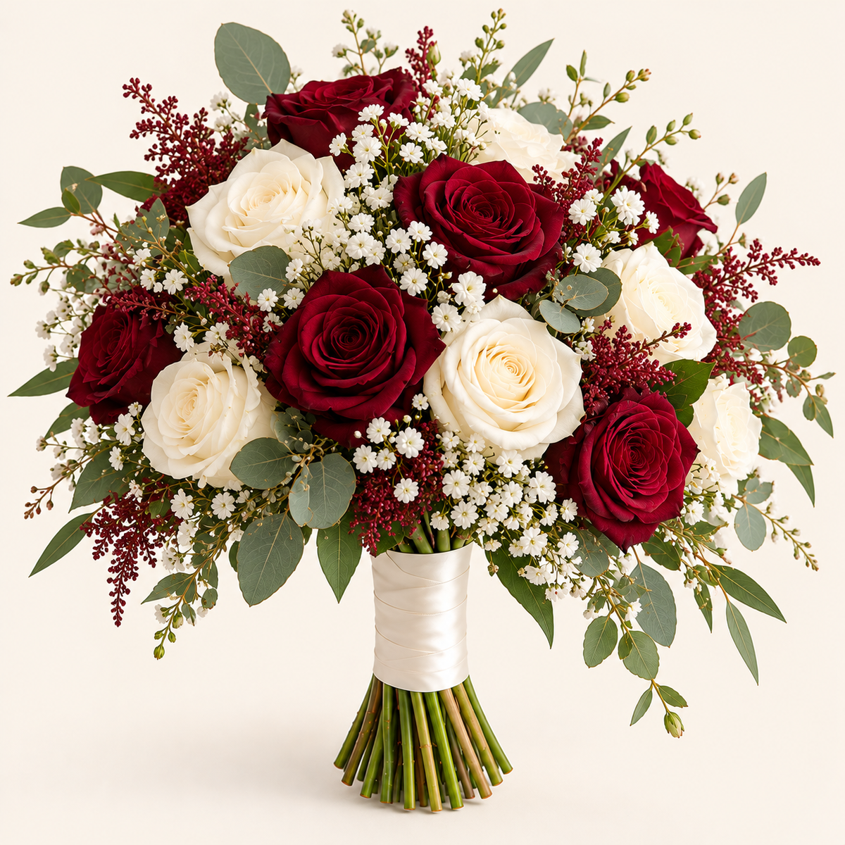 Bouquet de mariée élégant – roses bordeaux et ivoire