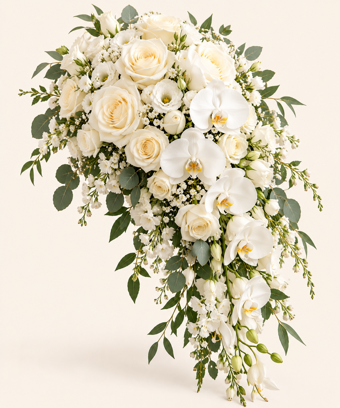 Bouquet de mariée cascade – fleurs blanches et verdure