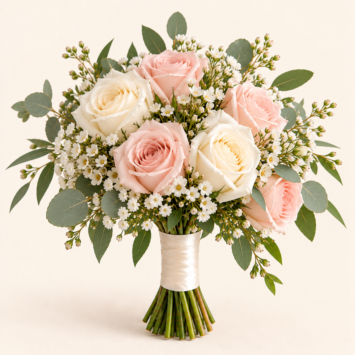Bouquet de demoiselle d’honneur – roses ivoire et rose poudré