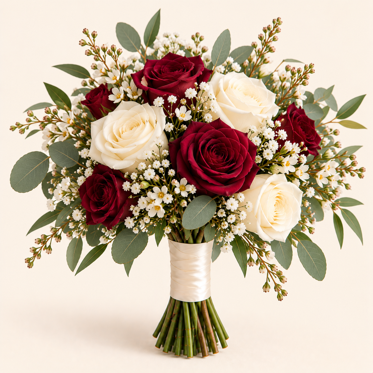 Bouquet de demoiselle d’honneur – roses bordeaux et ivoire
