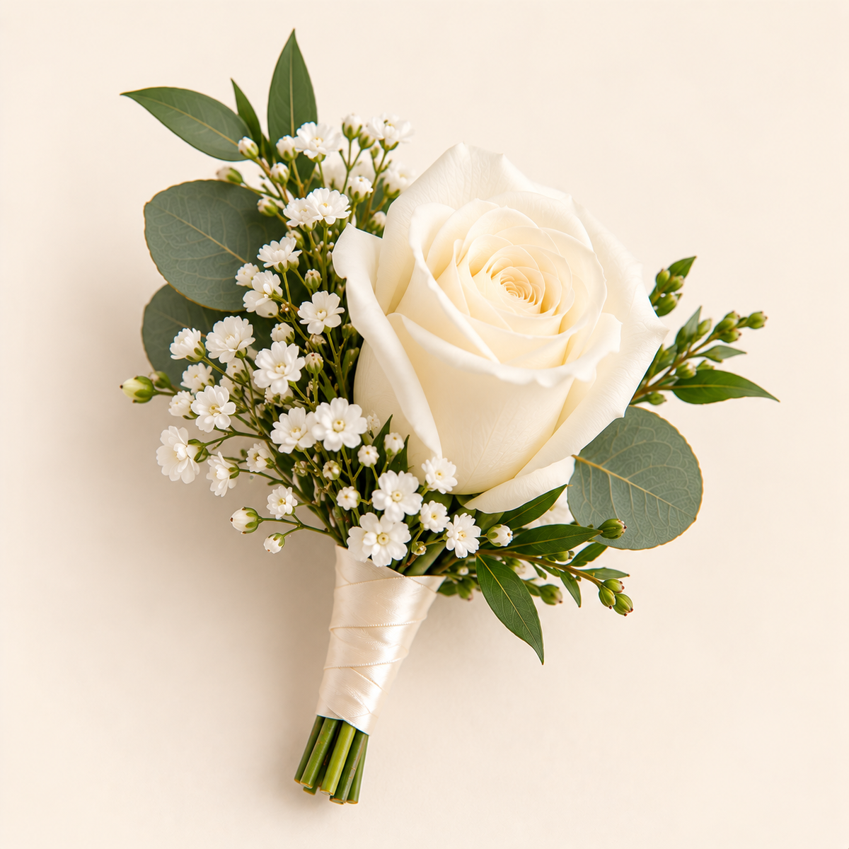 Boutonnière de mariage classique – rose blanche et gypsophile