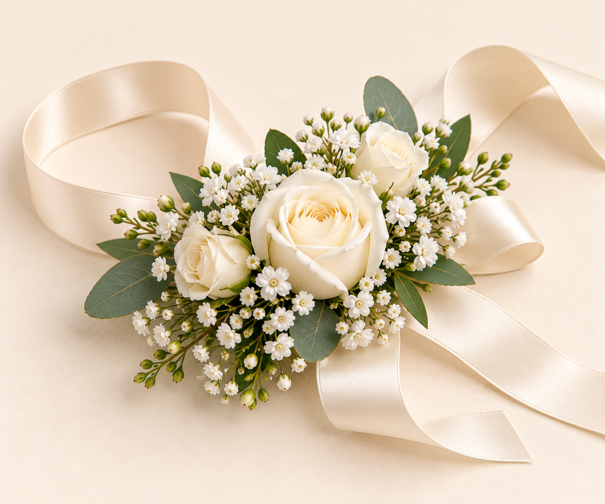 Bracelet floral de mariage – roses blanches et gypsophile