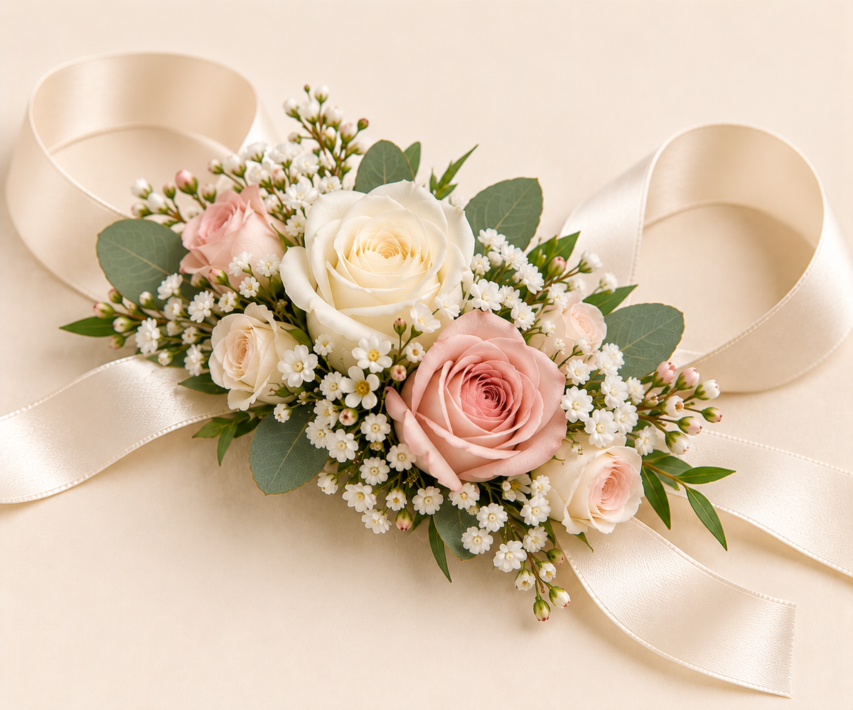 Bracelet floral de mariage – roses ivoire et rose poudré