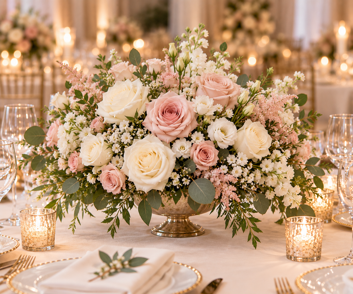 Centre de table mariage – roses ivoire et rose poudré