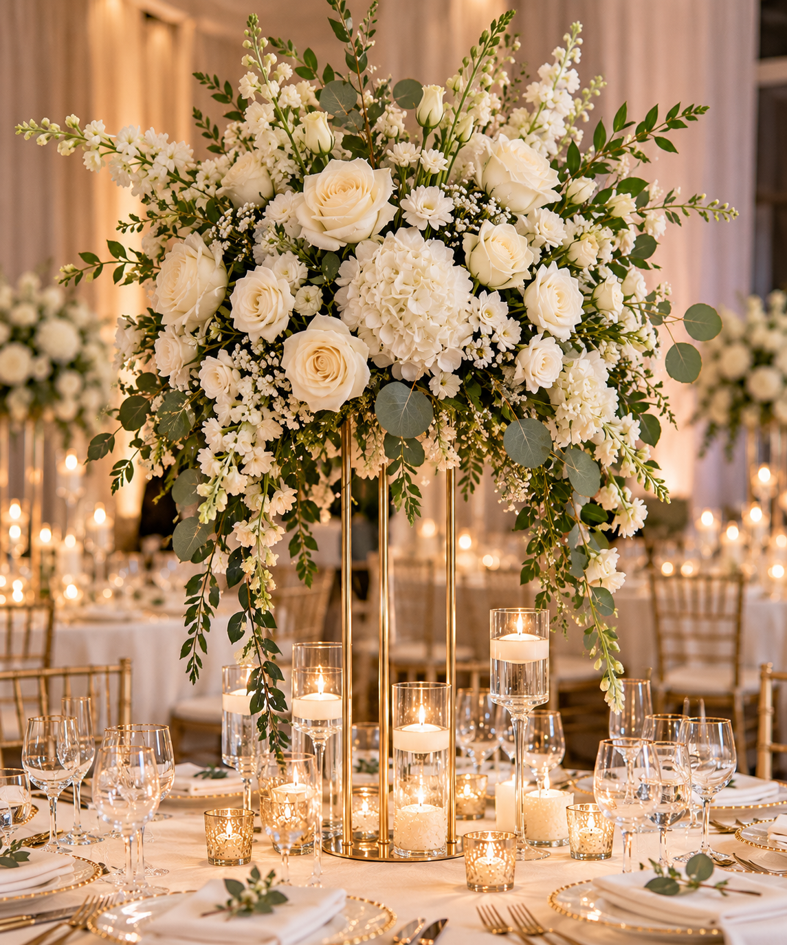 Centre de table mariage luxueux – fleurs blanches sur support haut