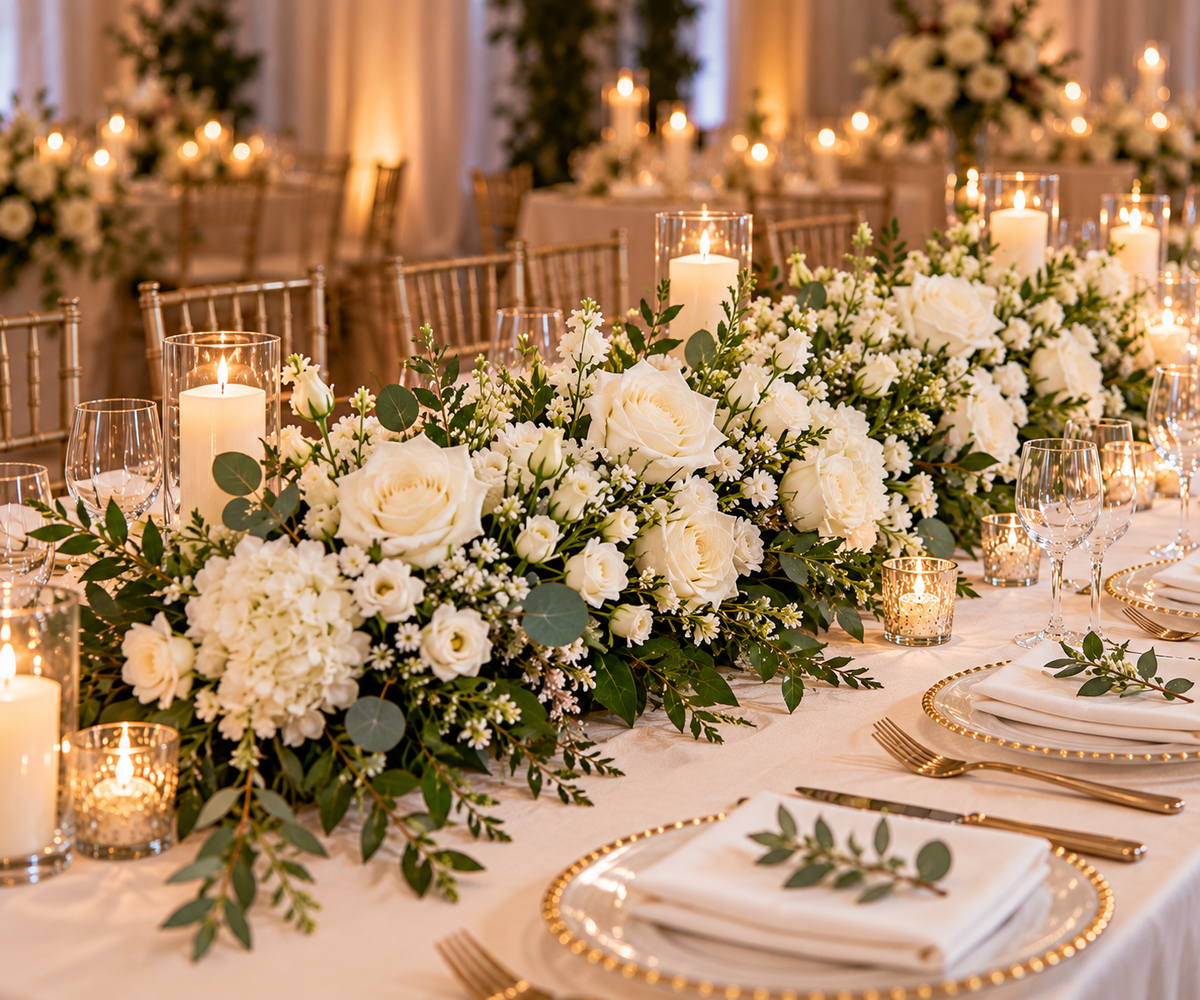 Décor floral de table mariage – fleurs blanches et verdure