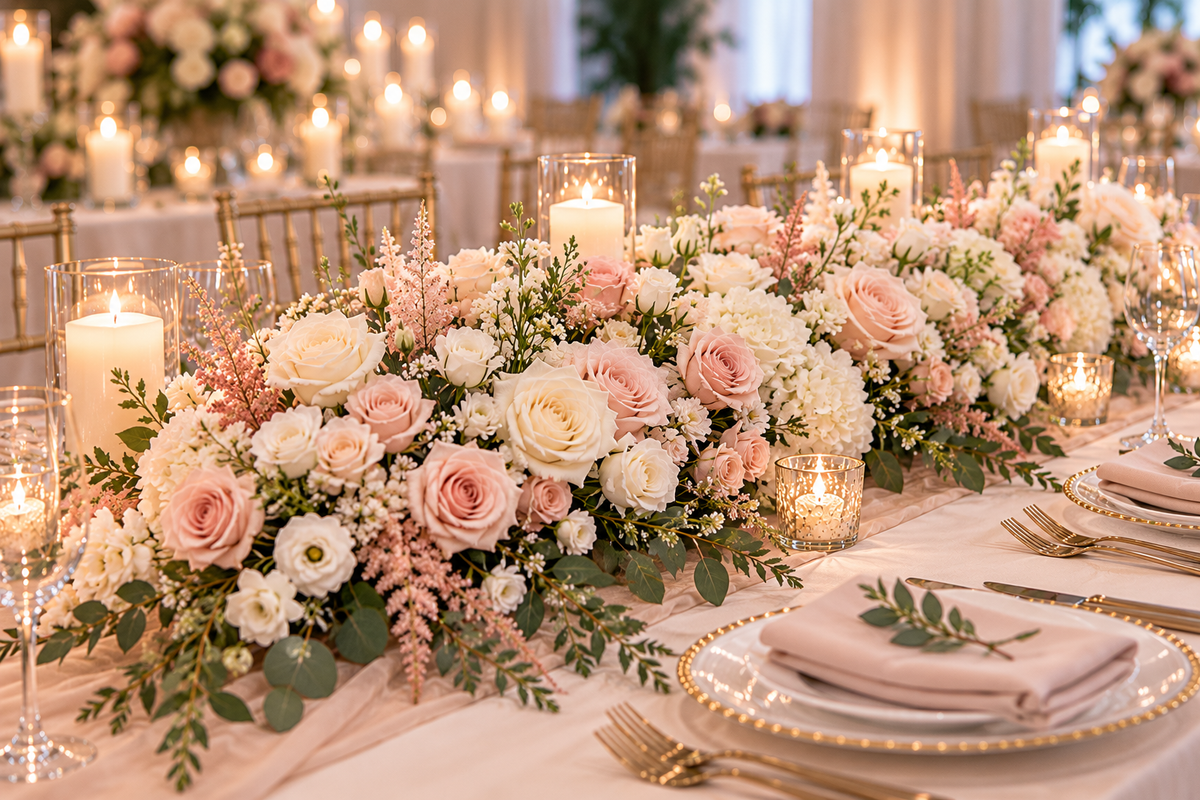 Décor floral de table mariage – roses ivoire et rose poudré
