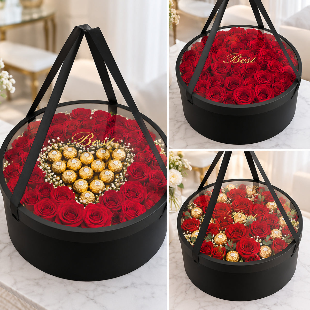 Boîte florale avec cœur de chocolats Ferrero Rocher entouré de roses rouges