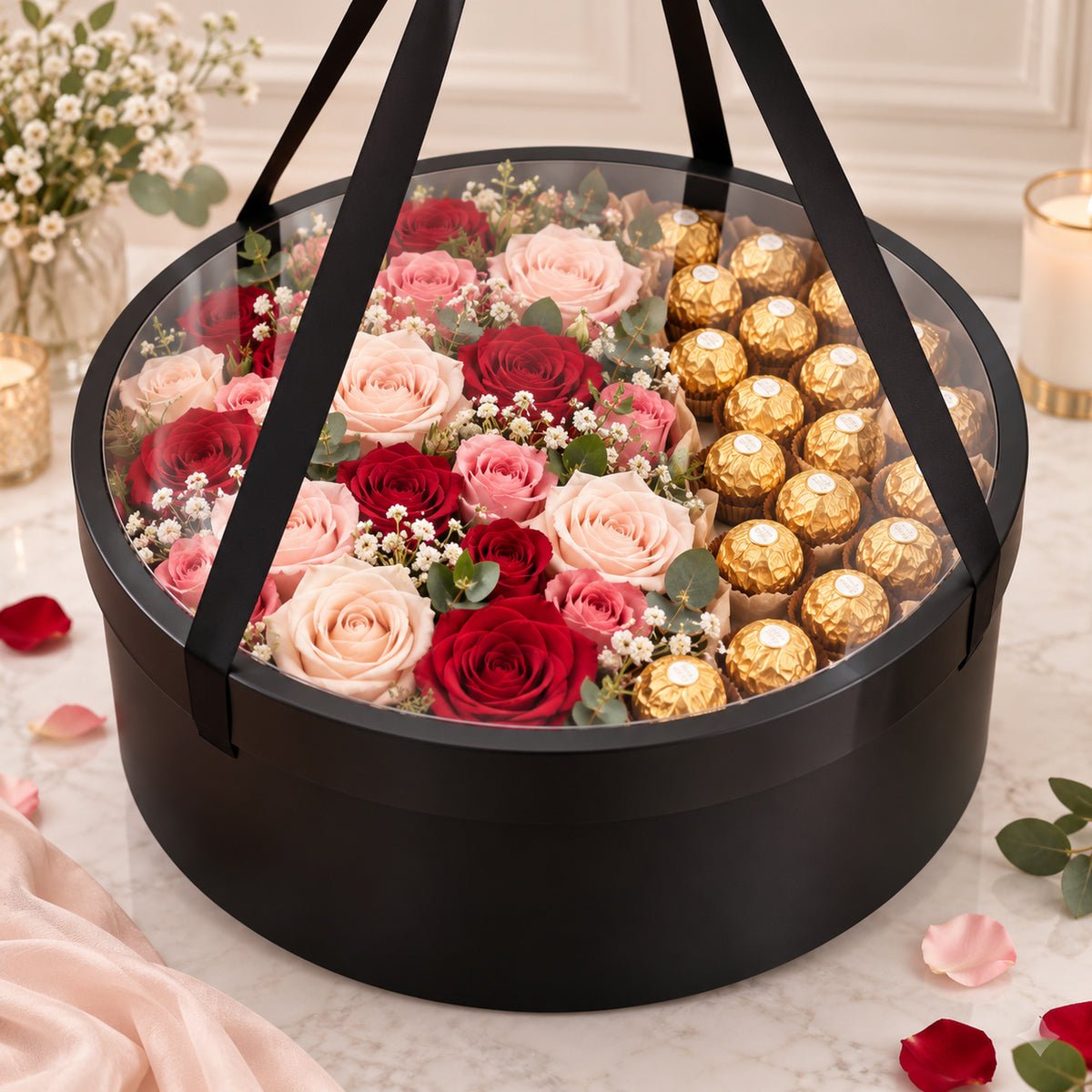 Coffret floral grand format avec roses et chocolats Ferrero Rocher disposés moitié-moitié