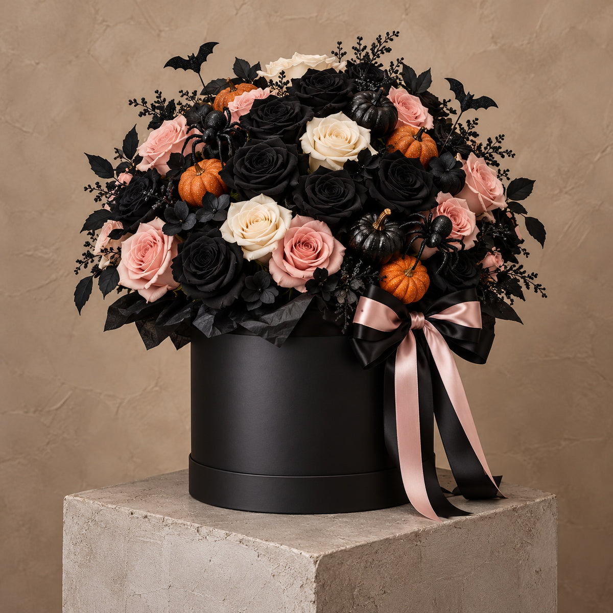 Boîte florale d’Halloween avec roses noires et roses pâles, citrouilles miniatures, chauves-souris et araignées