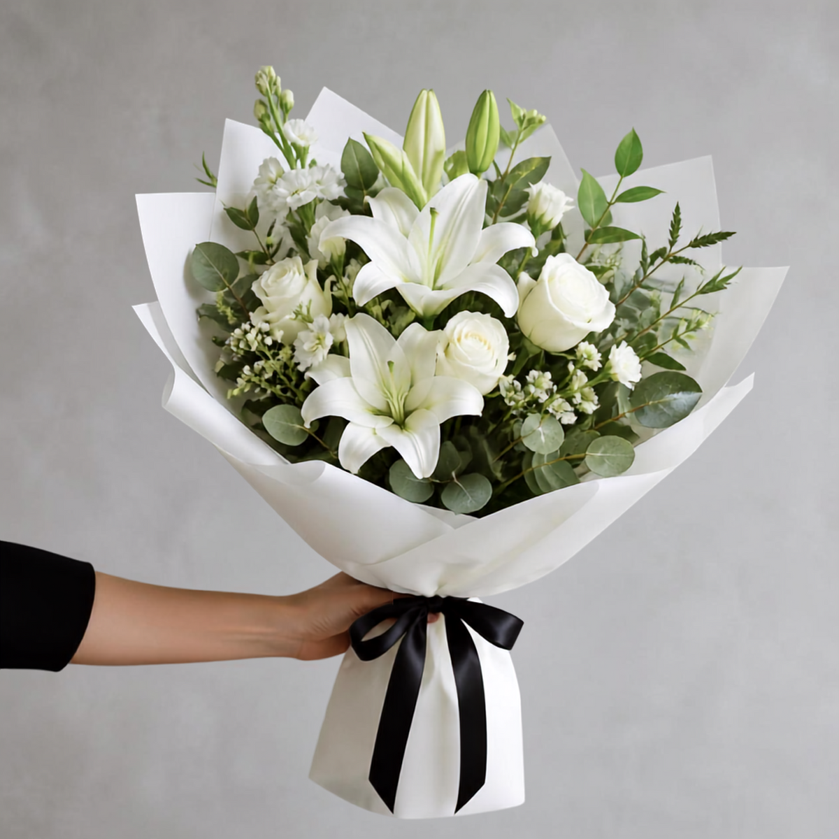 Bouquet funéraire blanc avec lys et roses