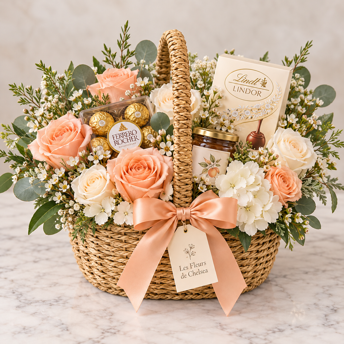 Panier fleuri gourmand ovale Douceur Pêche avec roses pêche, fleurs blanches et chocolats