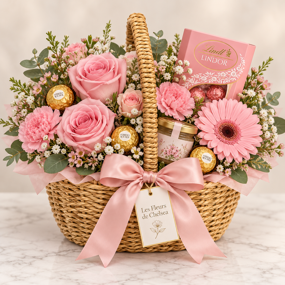 Panier fleuri gourmand ovale Tendresse Rose avec roses roses, fleurs et chocolats