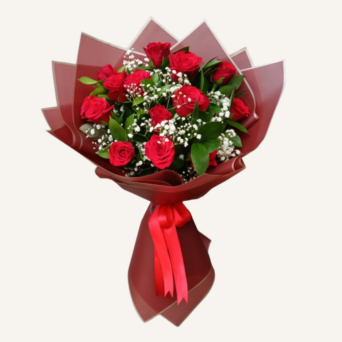 Red roses, gypsophila and ruscus bouquet